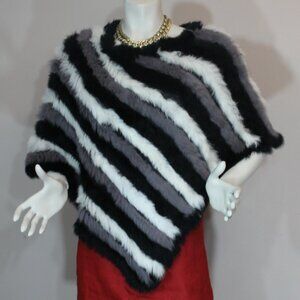 Adrienne Landau Rabbit Fur Poncho white black gray o/s